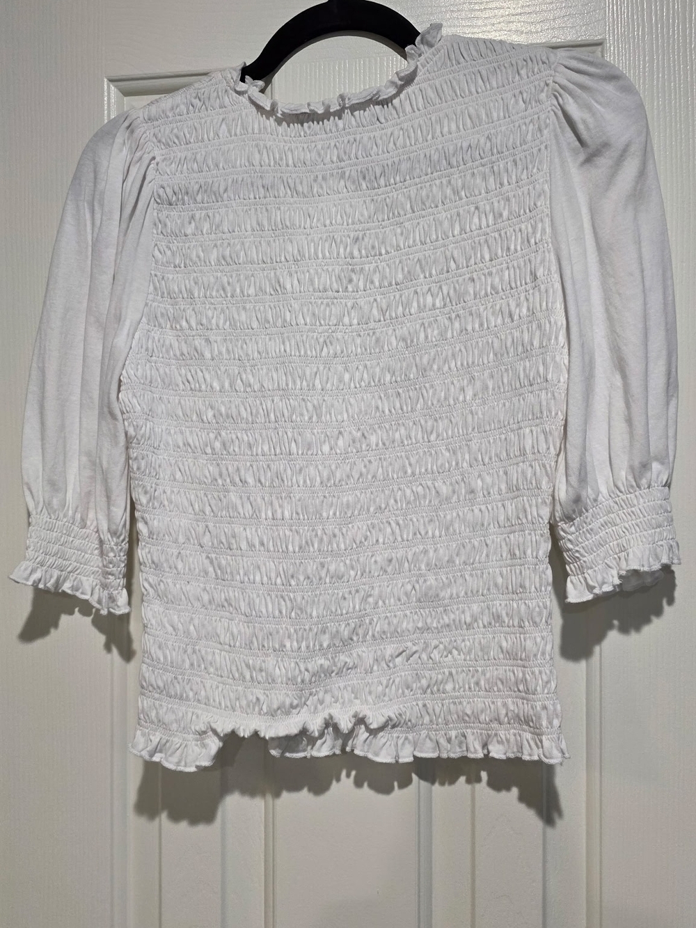 Veronica Beard White Smocked Ruffle-Trim Puff Sleeve Blouse - Picture 2 of 6
